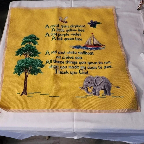 VTG Yellow Elephant Bee Tree Needlecraft Needlepoint Nursery Kids Prayer - Picture 5 of 15
